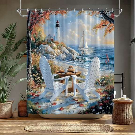 Summer Beach Coastal Shower Curtain Nautical Lighthouse Ocean Landscape Sea Scenery Hawaii Waves Recliner Chair Forest Polyester Bathroom Curtains Set with Hooks 72"W x 72"L
