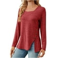 thumbnail image 2 of Blczomt Dressy Casual Tops Women Long Sleeve Red Y2K Shirts Solid Color Slit Crew Neck Womens Blouse XXL, 2 of 4