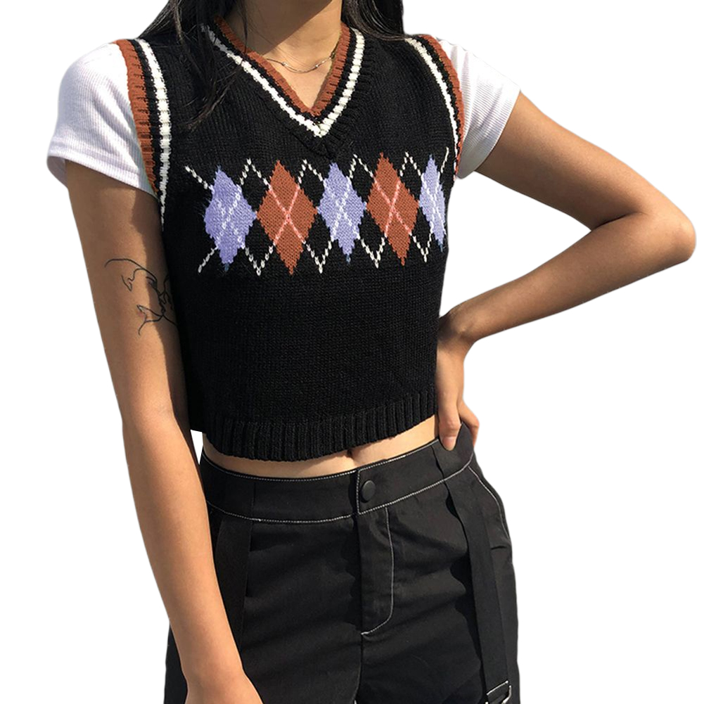 Leyben Womens Knitted Sweater Vest Preppy Style Argyle Plaid Sleeveless Classic Casual Streetwear College Tops