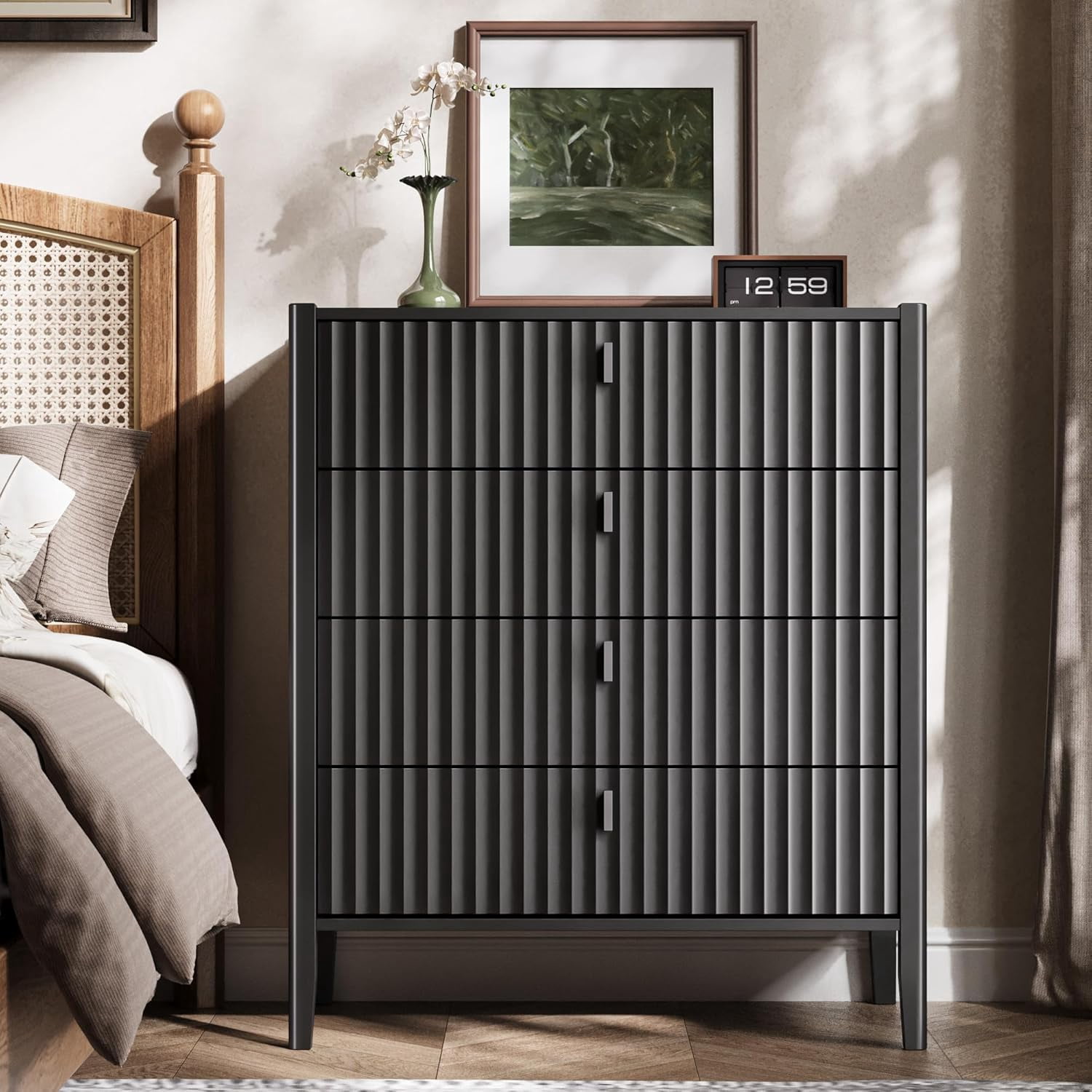 FURNIWAY Black Dresser for Bedroom, 4 Drawers Dresser Wood Storage Tower Clothes Organizer, Chest of 4 Drawers, Large Capacity Storage Cabinet, Nightstand for Bedroom, Hallway, Entryway