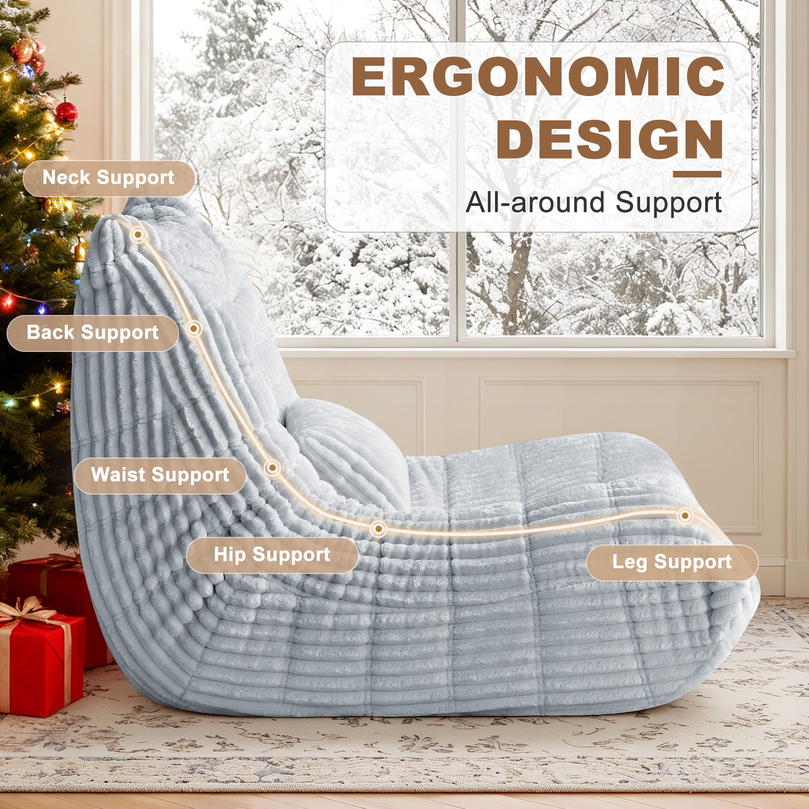 Bean Bag Chair for Adults with Lumbar support pillow Memory Foam Giant Bean Bag Sofa with Corduroy Material Lazy Sofa for Living Room Bedroom Dorm Office, Grey