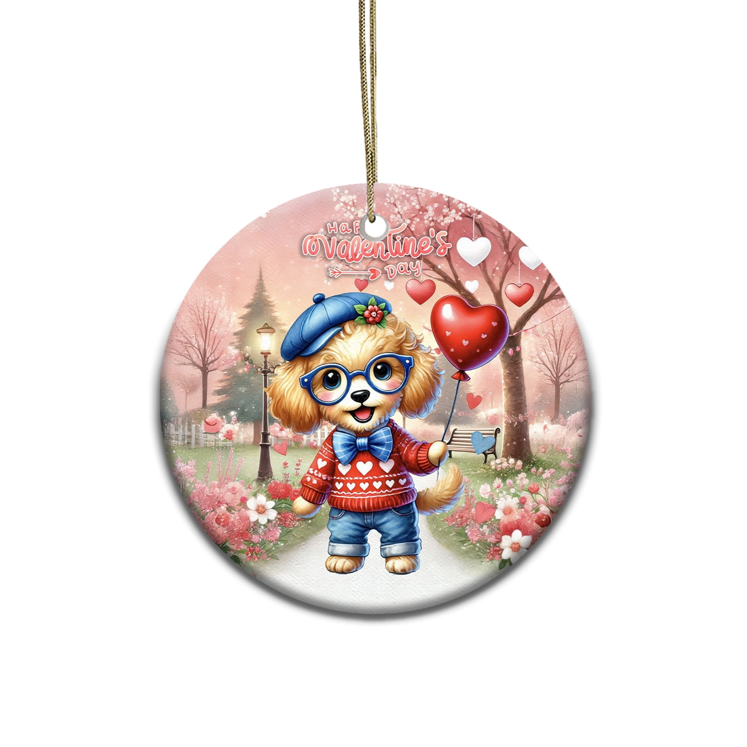 Happy Valentine’s Day Adorable Goldendoodle Puppy Holding Heart Balloon Ceramic Round Ornament Doodle Dog Lover Gifts Idea Home Tree Decor - 00030