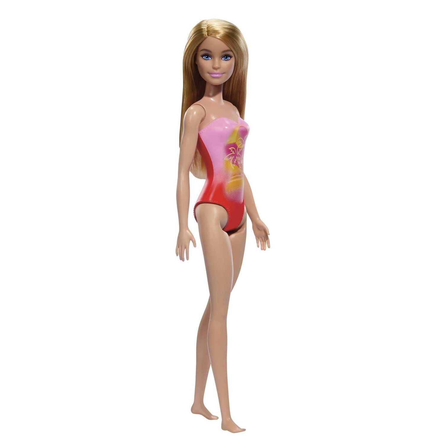 Barbie – Poupée Plage – Cheveux blonds, maillot rose à imprimé palmiers