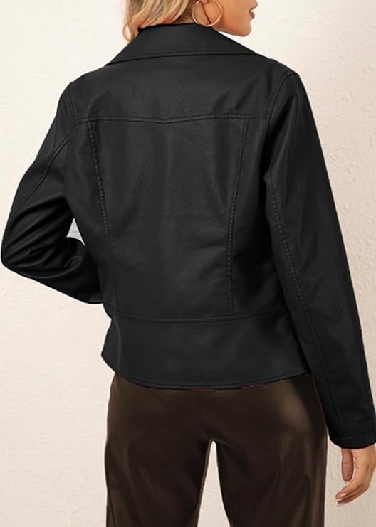 Giolshon Women Faux Leather Motorcycle Jacket Fall Clothes Winter Trendy Moto Biker Coat 7906 Black XL