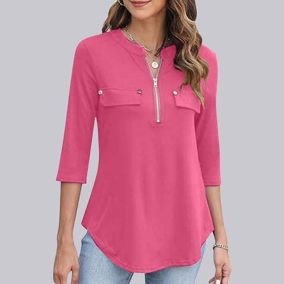 Blczomt Womens Tops 2025 3/4 Sleeve Tunic Plain Pink Blouses Zipper Fall Winter Dressy Peasant Blouses for Women L