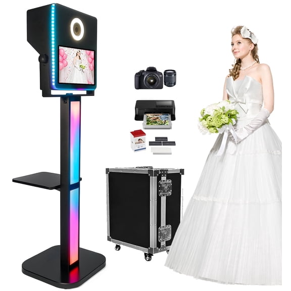 Photo Booth with Printer and Camera, DSLR Photo Booth 15.6 inch Touch Screen Selfie Portable Photobooth Machine RGB Light Stand for Events Wedding Birthday School Party
