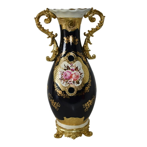 Black and Gold Rounded Resin Vase Size: 11" x 9" x 20"H