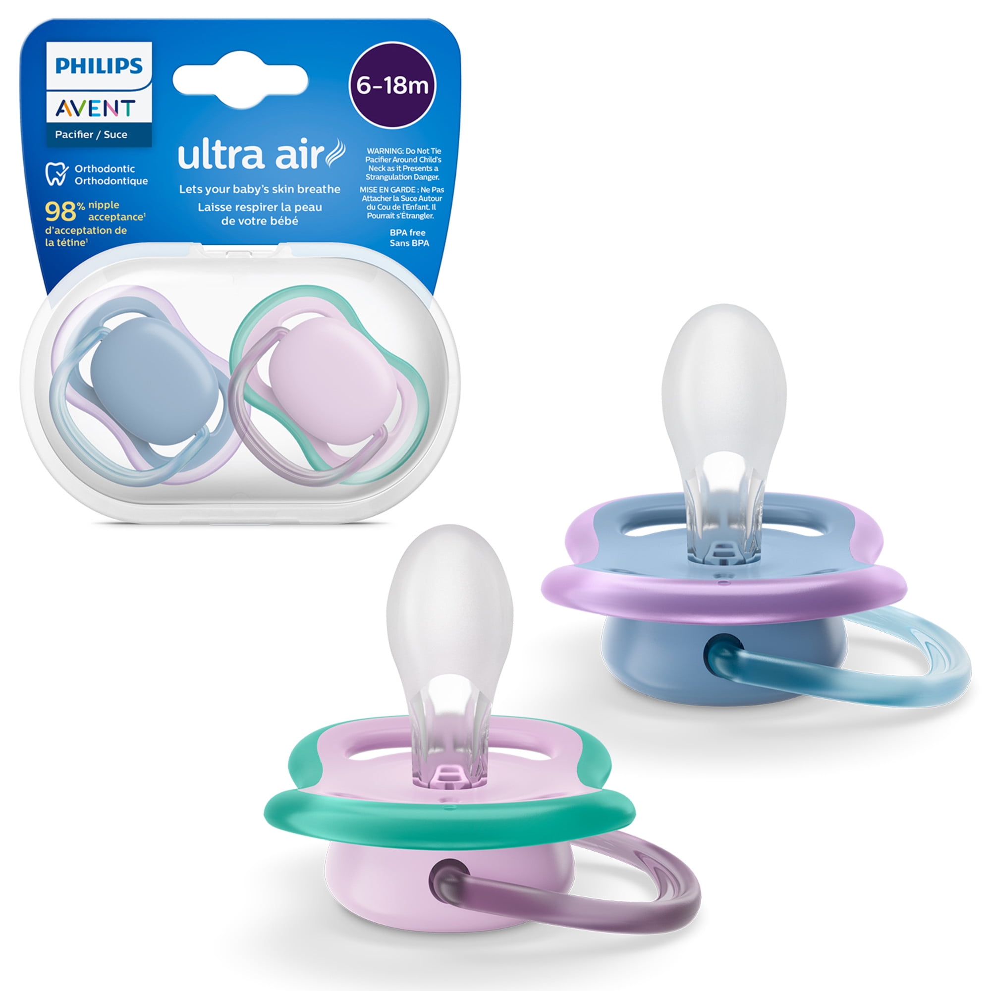 Philips Avent Ultra Air Pacifier 6-18M, Blue Hush / Lush Lilac, 2 Pack, SCF085/34