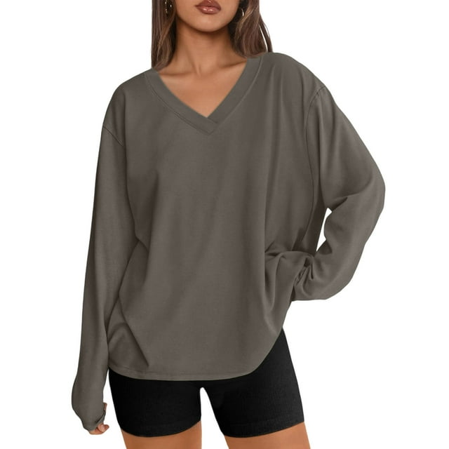 Oversized Sweatshirt Women, V-Neck Long Sleeve Pullover Tee Tops, Casual Loose Solid Color Stretch Fall Shirt