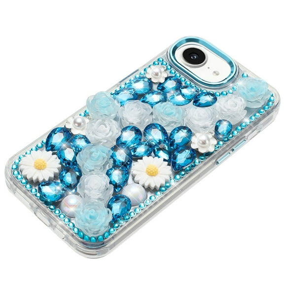 XPM for Apple iPhone 16e Fashion Daisy Floral Series, Full 3D Bling Crystal Diamonds Sparkling Rhinestone Glitter Hybrid Design Phone Case Cover (Blue)