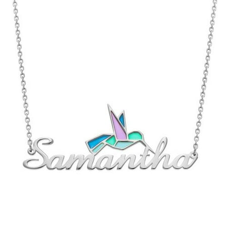 Personalized Women's Script Name with Enamel Hummingbird Necklace