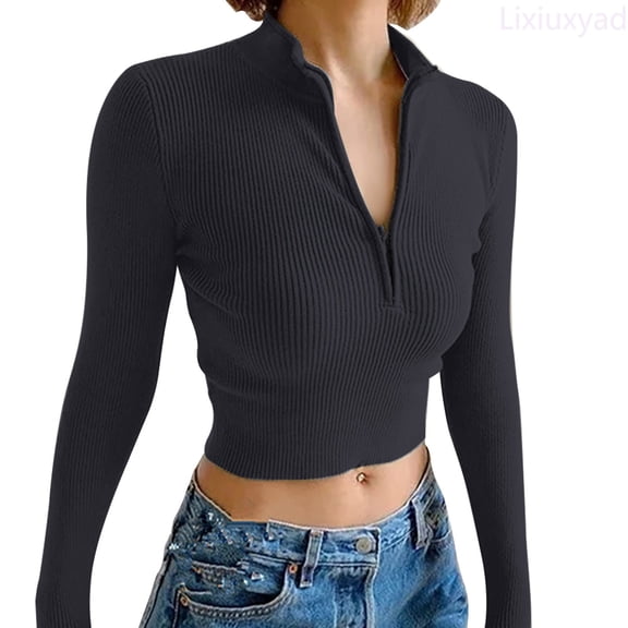 Lixiuxyad Women's Casual Solid Color Zipper V Neck Slim Fit Sweater T Shirt For Autumn And Winter Seasons Summer Tee Shirts,Black L