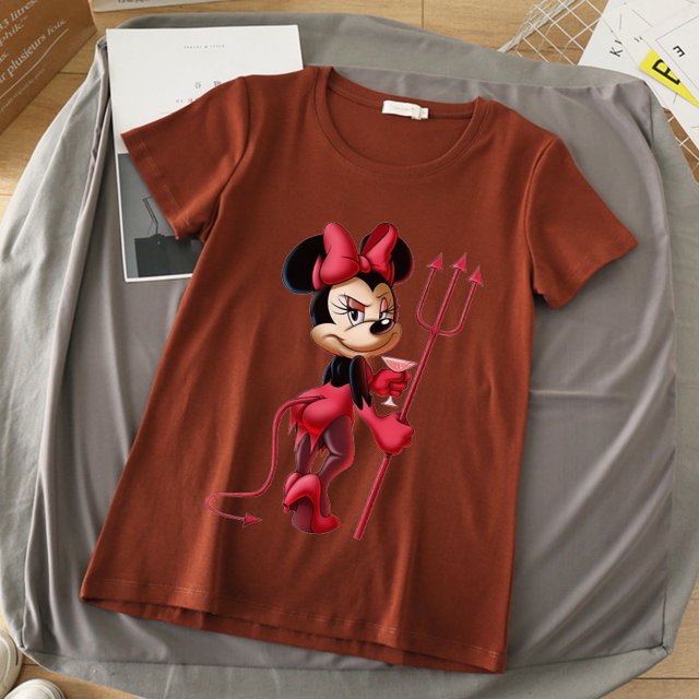 Mickey Mouse Disney Short Sleeve T-Shirts Devil Minnie Mouse Funny Women's T-Shirt Fashion Streetwear Edgy Female Clothing 2022S Gao Jinjia LED