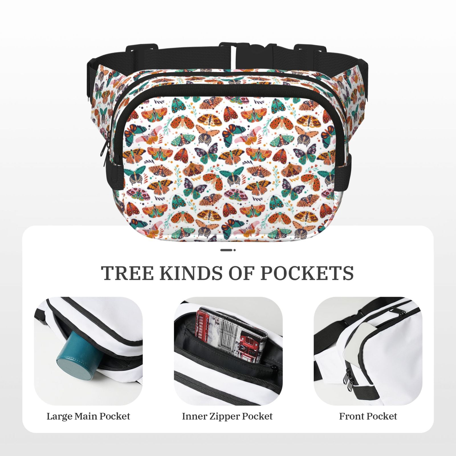 Picia Colorful Butterfly Print Square Double-Layer Waist Bag Mini Adjustable Waist Belt Bag Exercise Running Travel Hiking