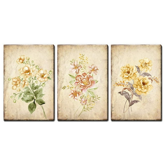wall26 - 3 Panel Canvas Wall Art - Vintage Style White Pink and Yellow Flowers - Giclee Print Gallery Wrap Modern Home Art Ready to Hang - 16"x24" x 3 Panels