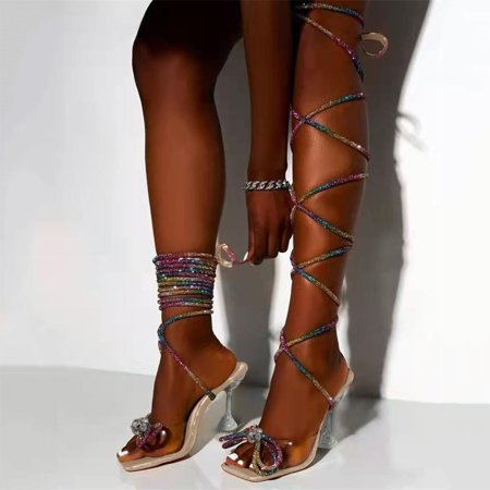 

Aayomet Sandals for Women Dressy Summer Fancy Sandals Women s Strap Diamond Heel High Fashion Color Bowknot Women s sandals Multicolor 9