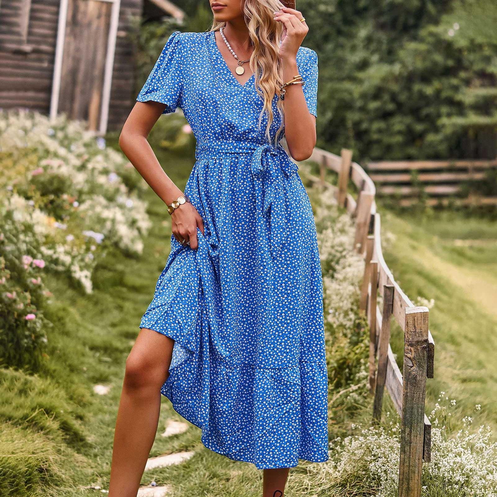 Olyvenn Deals Classic Mini Dresses for Women Fashion Ladies Summer Dress  Short Sleeve Plain Paisley Print Crew Neck Loose Fit Casual Trendy Girls  Above Knee Female Leisure Navy 4 