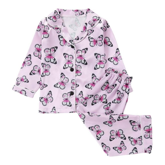 WhouRiu Infant Girl Loungewear Outfits Butterfly Print Long Sleeve Top Pants Child Soft Homewear Satin Silk Outfit Set Purple,Size 18-24 M
