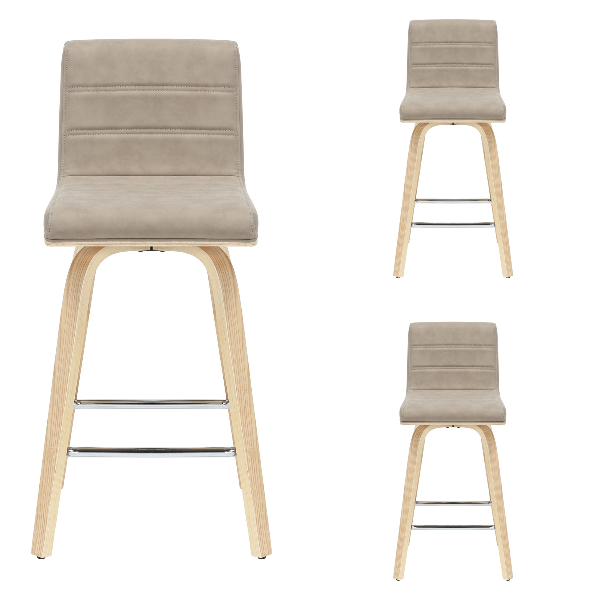 Vienna 35.5 in. H Swivel Counter Height Vintage Taupe Square Back Wood Bar Stool with Faux Leather Seat Set of 3