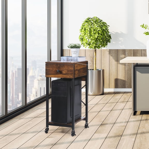 Computer Tower Stand with Charging Station & Drawer, Mobile Printer Cart with Locking Wheels for Home Office