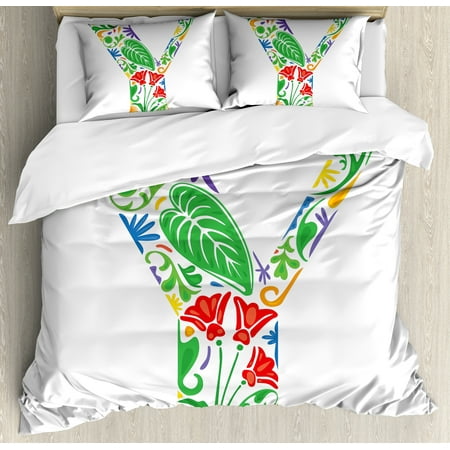 Letter Writing Set - Letter Y Duvet Cover Set, Seasonal Inspirations Capital Writing Symbols Word with Arabesque Ceramic Effects, Decorative Bedding Set with Pillow Shams, Multicolor, by Ambesonne