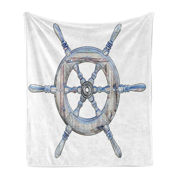 Nautical Soft Flannel Fleece Blanket, Illustration of a Wooden Ship Wheel over White Backdrop Sail Exploring Ocean Theme, Cozy Plush for Indoor and Outdoor Use, 70" x 90", Blue White, by Ambesonne