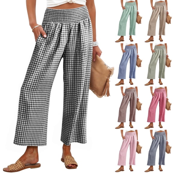 Women's Gingham Palazzo Pants Smocked High Waist Wide Leg Trousers Casual Loose Plaid Cropped Slacks with Pockets 3/4 Length