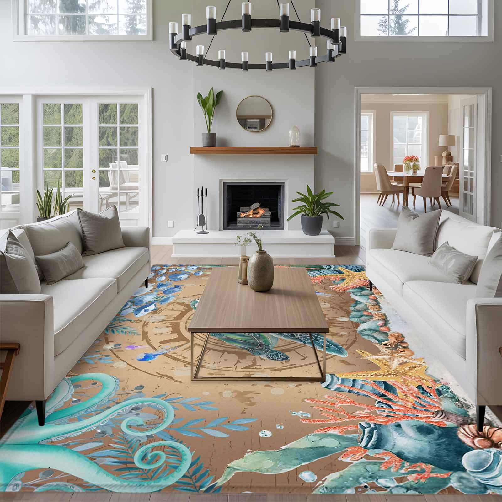 5'x7' Area Rugs for Living Room Bedroom, Sea Turtle Coastal Washable Rug Carpet Runner Indoor Outdoor, Summer Nautical Starfish Coral Brown Anchor Non Slip Floor Mats Area Rug for Kitchen, Nursery