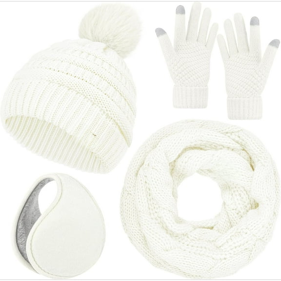 Winter Hat Scarf Gloves and Ear Warmer, Warm Knit Beanie Hat Touch Screen Gloves Set Winter Gifts Neck Scarves for Women