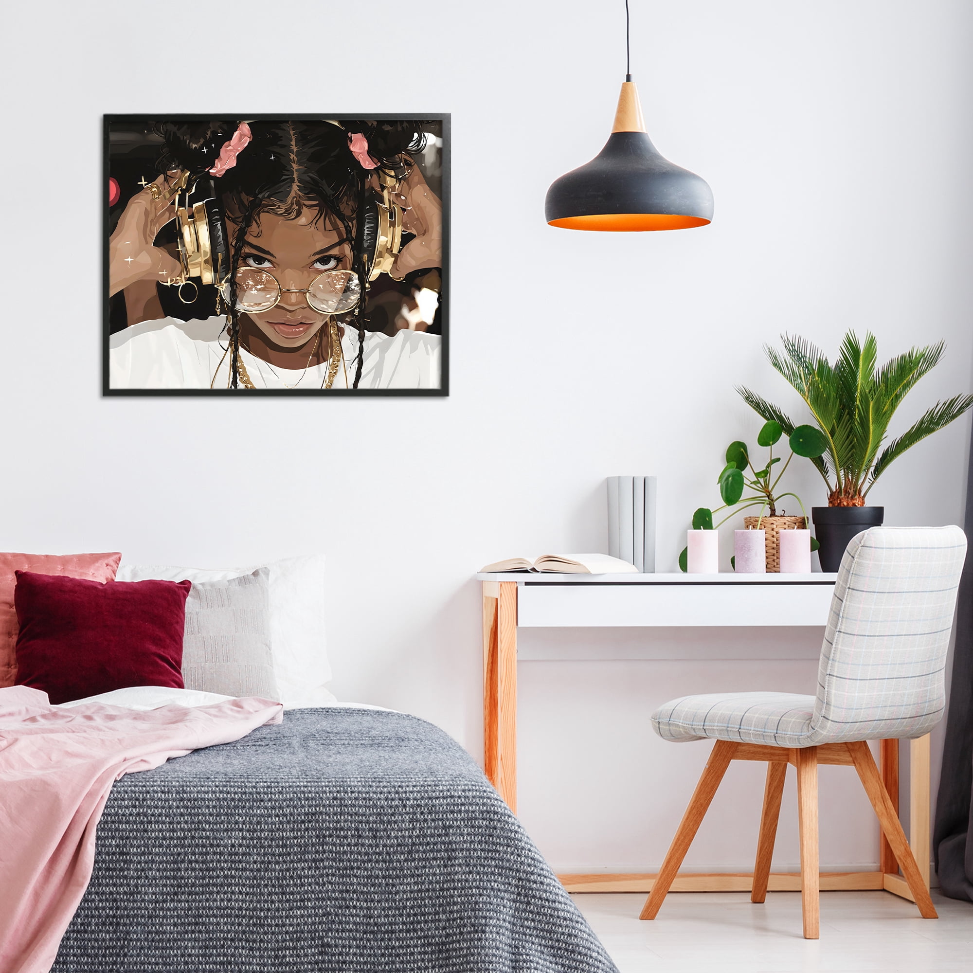 Stupell Industries Trendy Girl with Gold Headphones Black Framed Giclee Art, design by Franklyn Gregory