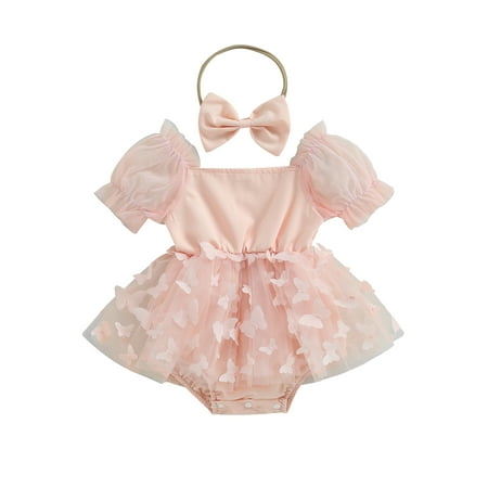 

Qtinghua Newborn Baby Girl Summer Romper Dress Mesh Puff Sleeves Butterfly Layer Tulle Bodysuit Infant Princess Clothes