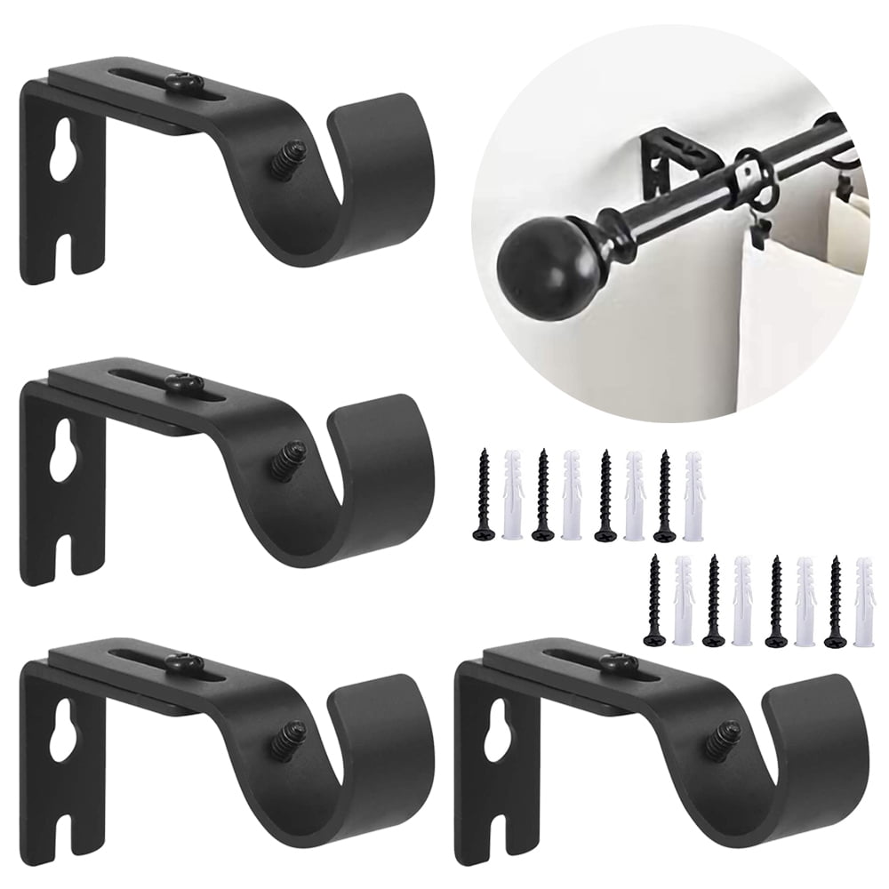 Curtain Rod Wall Bracket, Set of 4, Black, Premium Steel Single Rod