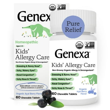 Genexa Kids' Allergy Care | Non-Drowsy, Homeopathic Decongestant & Allergy Medicine Relief for Children | Delicious Organic Acai Berry Flavor | 60 Chewable Tablets