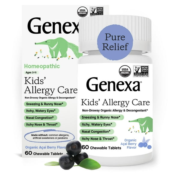 Genexa Kids' Allergy Care | Non-Drowsy, Homeopathic Decongestant & Allergy Medicine Relief for Children | Delicious Organic Acai Berry Flavor | 60 Chewable Tablets