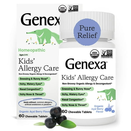 Genexa Kids' Allergy Care | Non-Drowsy, Homeopathic Decongestant & Allergy Medicine Relief for Children | Delicious Organic Acai Berry Flavor | 60 Chewable Tablets