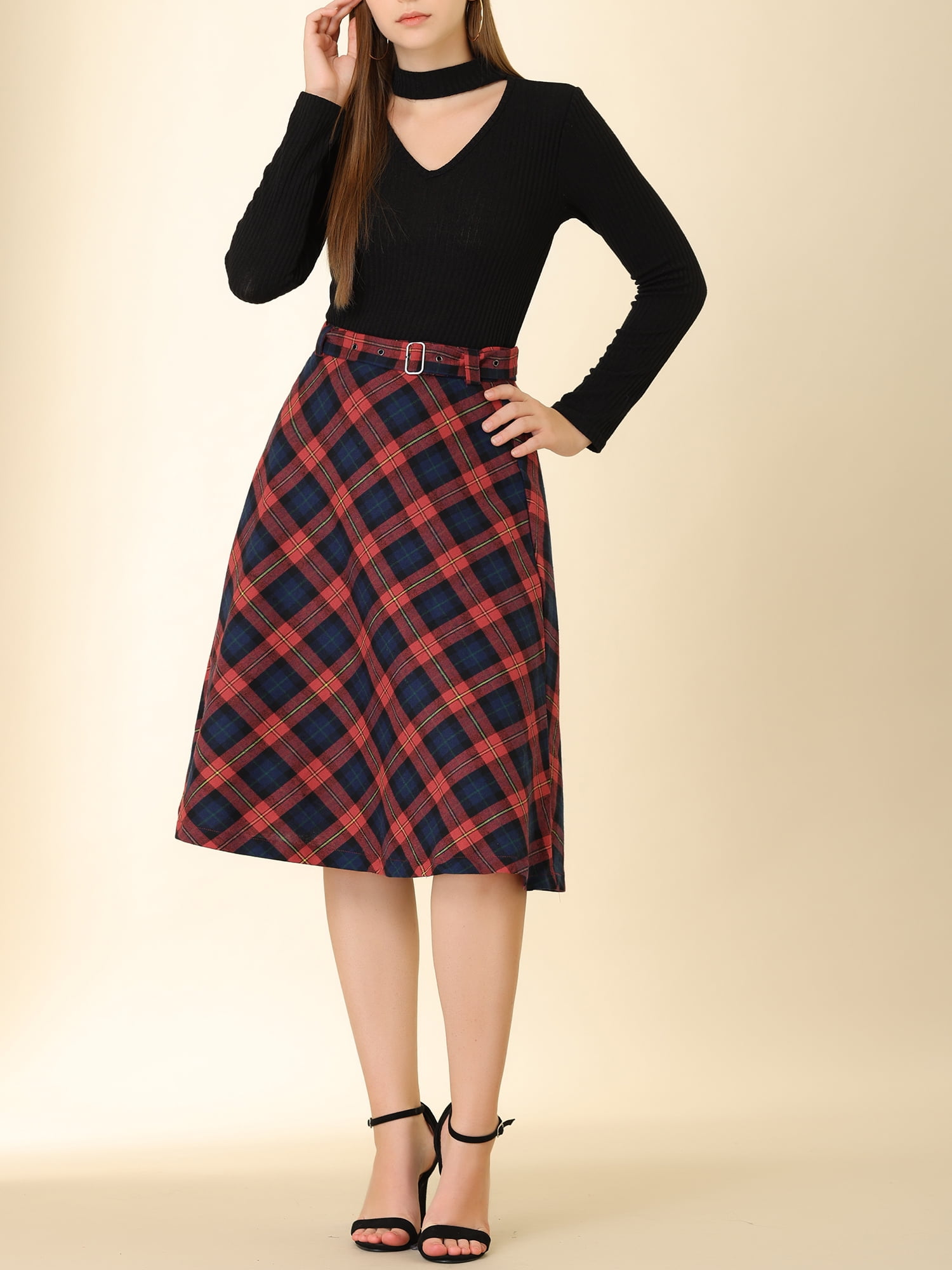 DARING DIVA Women's Plaid Belted Vintage A-Line Midi Skirt M Red Blue