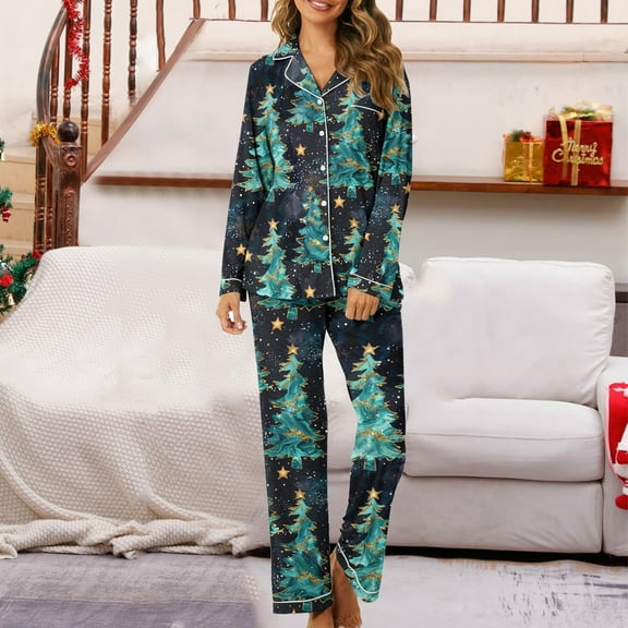Hueook House Dresses for Women Women's Christmas Printed Pajama Set for Daily Home Wear with Pocket Multicolor 3X