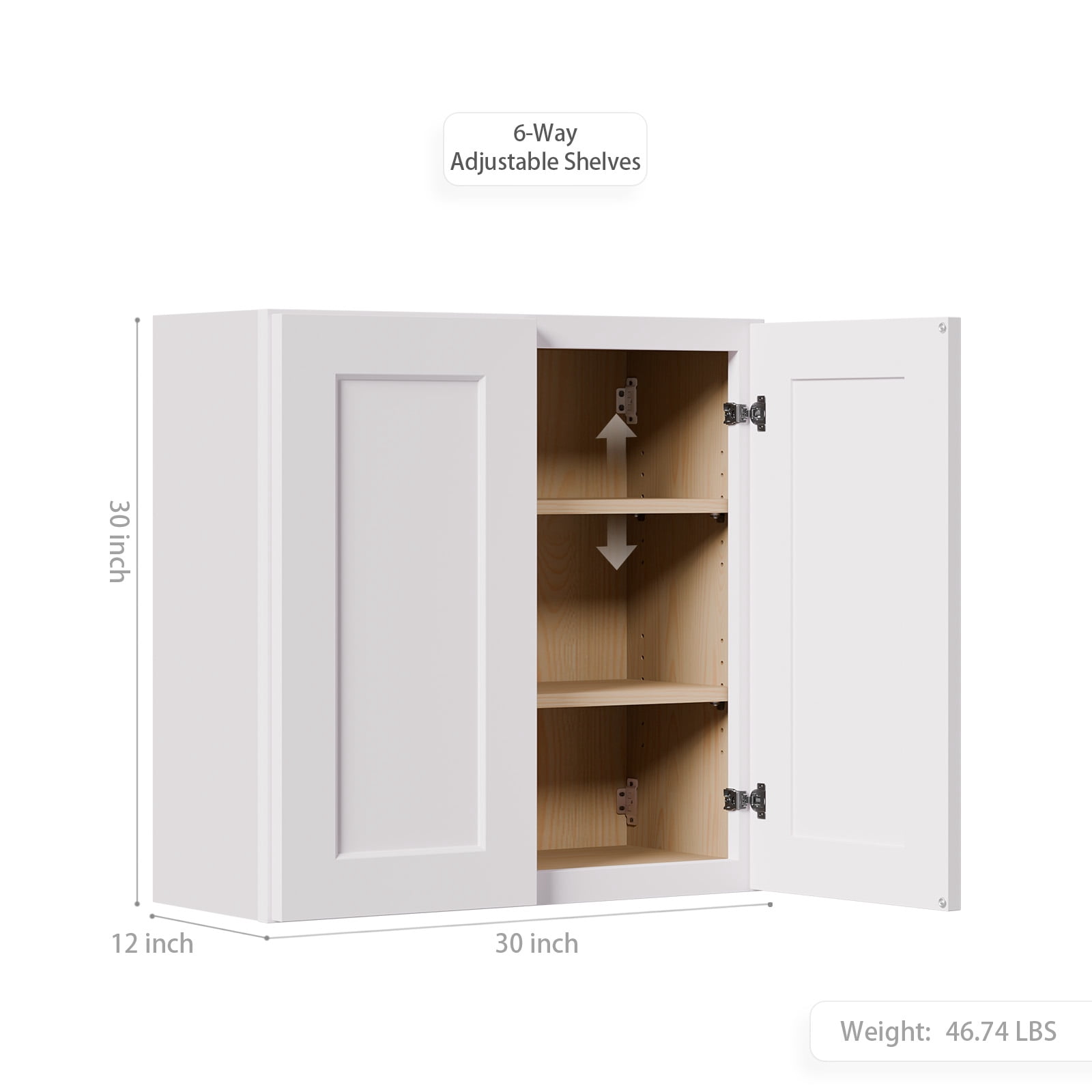 White shaker Solid Wood Double Doors Wall Cabinet 2 Doors and 2 Shelves for Kitchen Storage, Bathroom Storage, Laundry,Adjustable Shelves Ready to Assemble(30"W×12"D×30"H)
