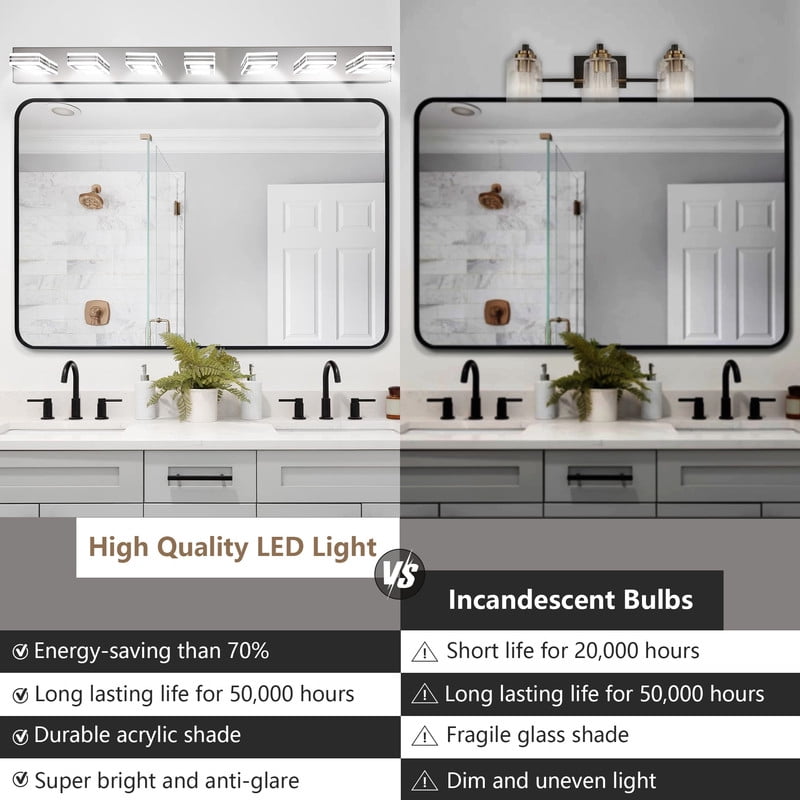 45" Modern Chrome 7-Light LED Vanity Light with Square Acrylic Shades, Hardwired Wall Mount Bathroom Lighting Fixture for Mirror, Powder Room, or Bedroom Décor