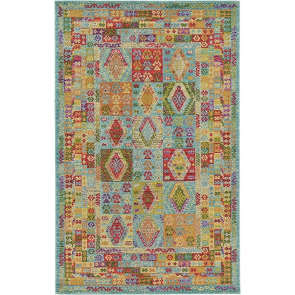 5' x 8' Blue and Red Geometric Rectangular Area Throw Rug