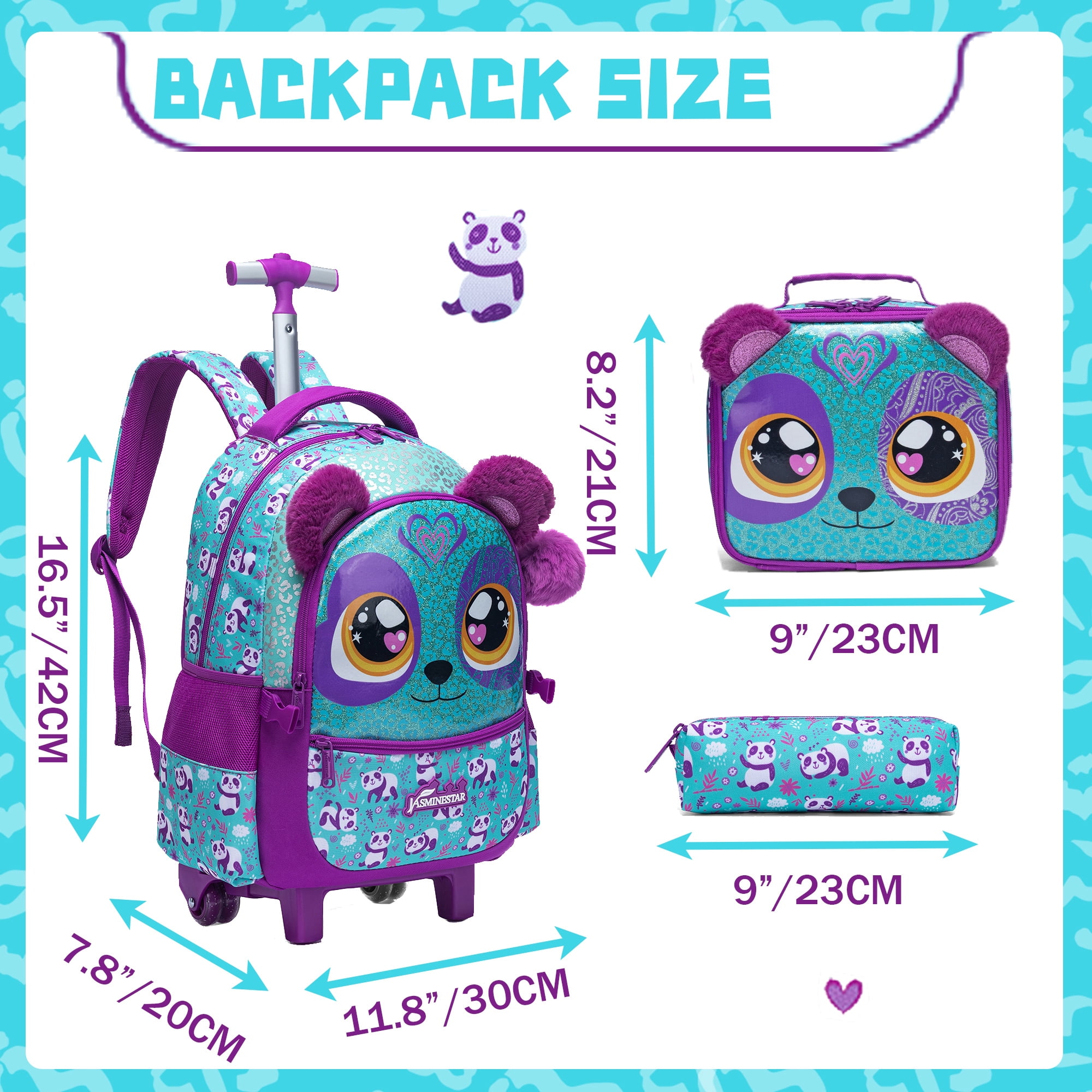 Rolling Backpacks for School Girls Kids Wheeled Backpack with Wheels Bookbag with Lunch Box Pencil Case for Elementary Students Ages 6-8