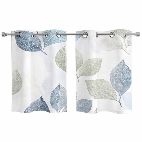 Sage Green Blue Leaves Kitchen Curtains Small Short 39 Inch Length, Vintage Rustic Botanical Grommet Top Bedroom Living Room Curtains, Light Filtering Cafe Curtain Drapes 2 Panels Set 55''x39''