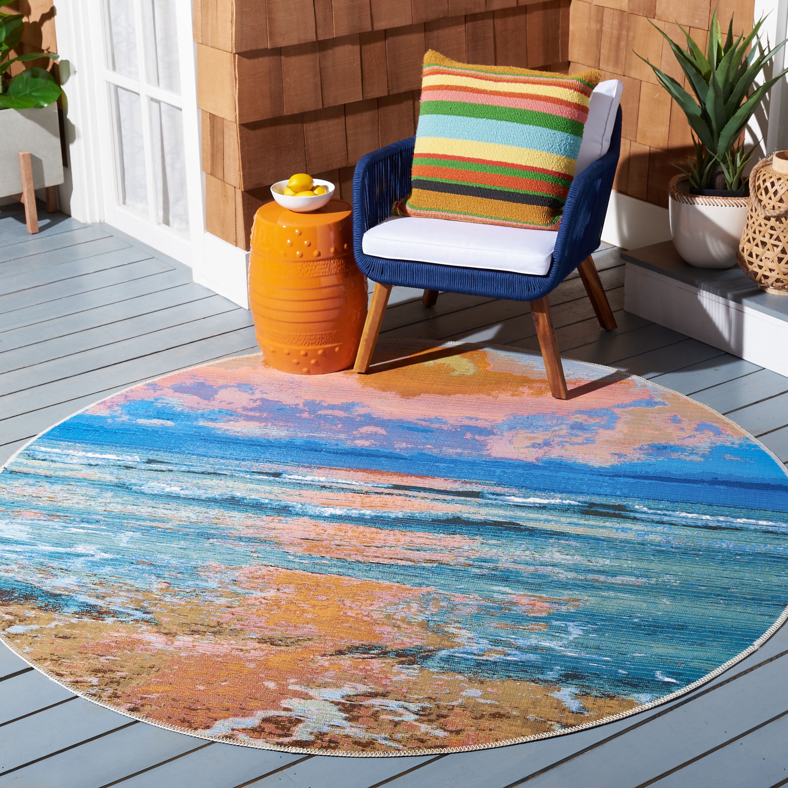 SAFAVIEH Barbados Dusk Waves Outdoor Area Rug, Gold/Blue, 6'6" x 6'6" Round
