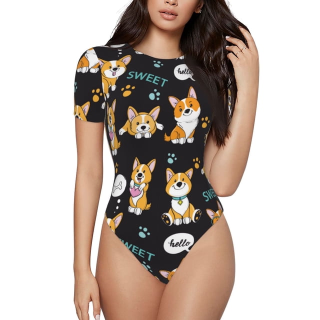 Naloa Justaucorps Imprimé Corgi Chiens Mignons pour Femmes, Body à Manches Courtes pour Femmes, une-Pièce pour Fêtes, Rendez-Vous, Clubs-X-Grand