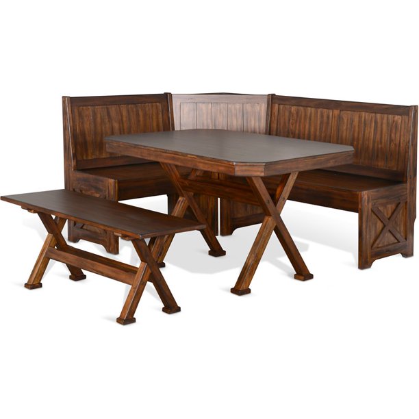 Pemberly Row Xframe Farmhouse Wood Breakfast Nook Set in Medium Brown