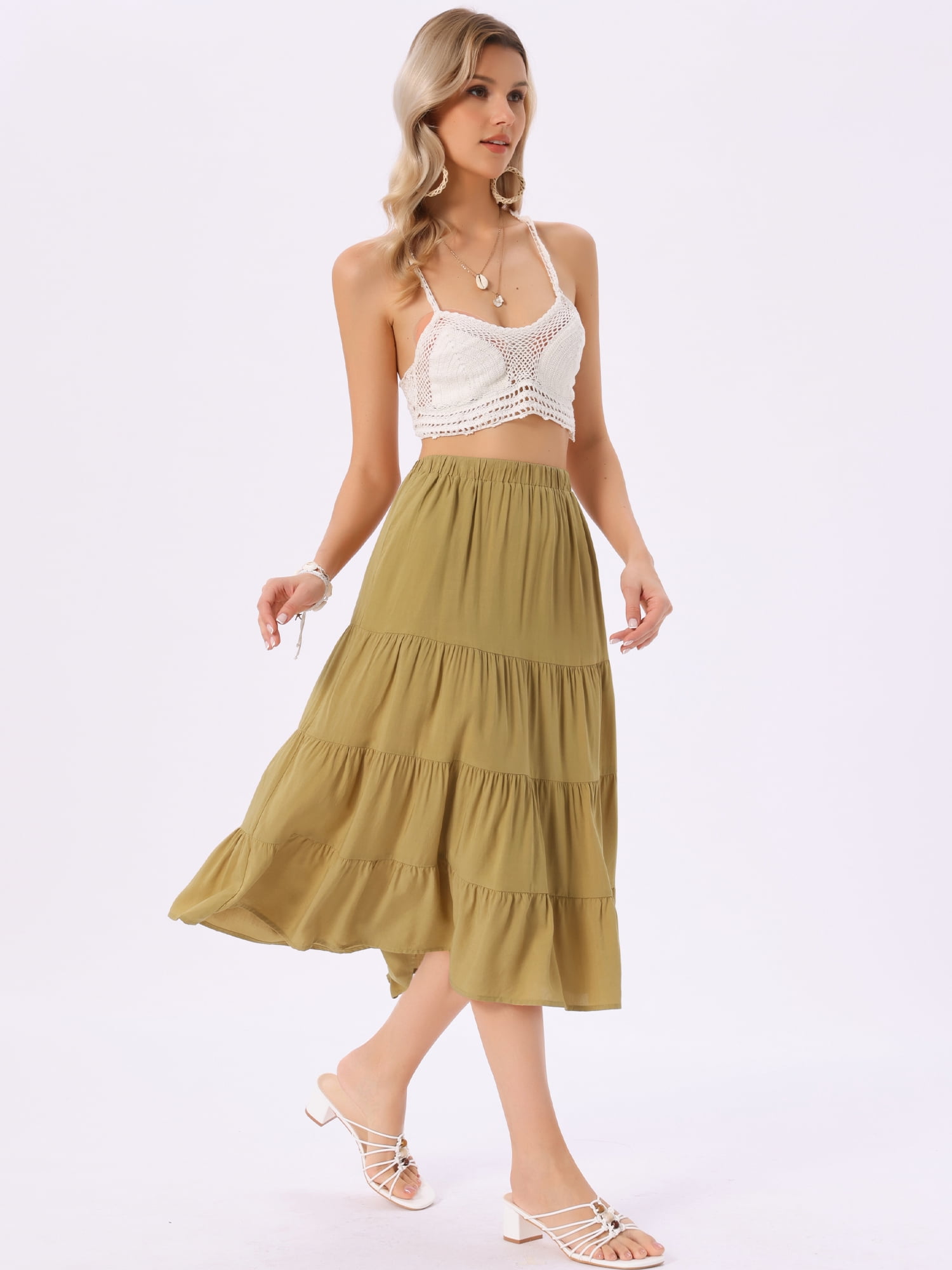 DARING DIVA Women's Flare Tiered Pleated Solid Elastic Waist A-Line Skirt M Khaki
