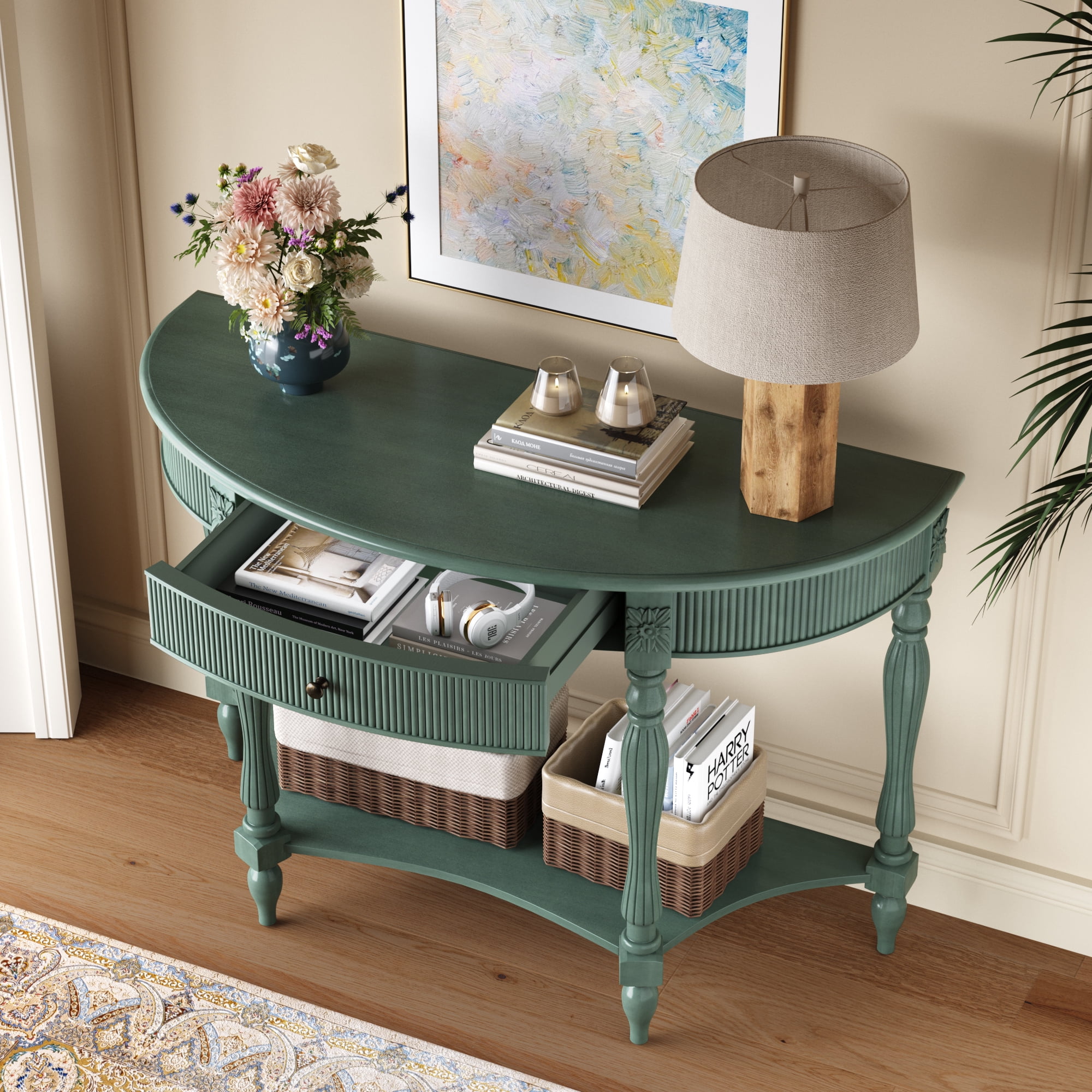 Solid Wood Half Moon Console Table with Drawer & Shelf, Fluted Vintage Curved Entryway Table for Hallway Living Room Foyer, Narrow Space Sofa Table with Roman Column Carved Legs, Rustic Green