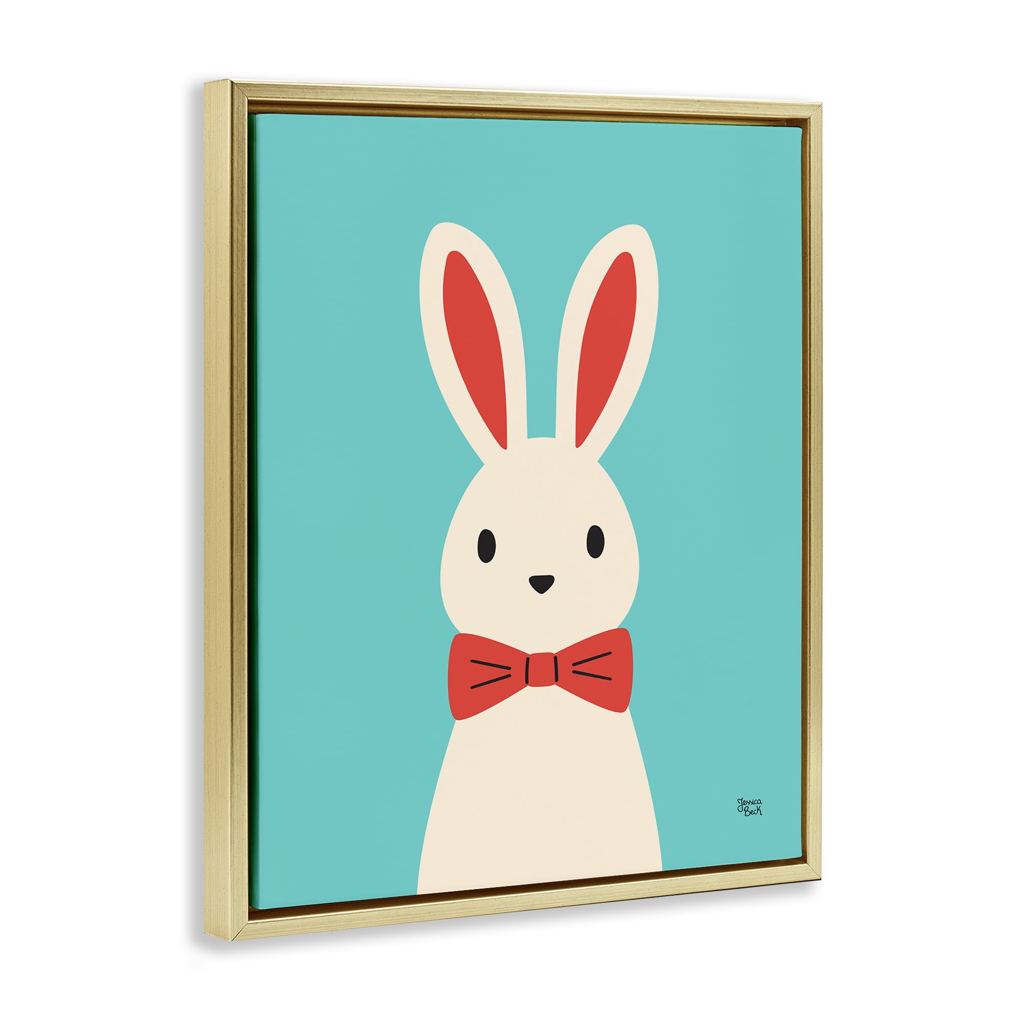 Stupell Industries Rabbit & Bowtie on Turquoise Animals Painting Gold Floater Framed Canvas Art Print Wall Art, 17 x 21