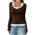 thumbnail image 4 of Lenpel Women's Long Sleeve T-Shirts Square Neck Quarter Button Color Block 2 in 1 Slim Tee Tops Soft Casual Blouses(Coffee,Medium), 4 of 6