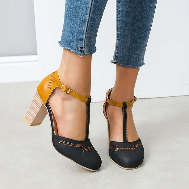 Zapatos de tacón grueso con hebilla hueca para mujer, sandalias de bomba a juego de colores Wmkox8yii shjk4016